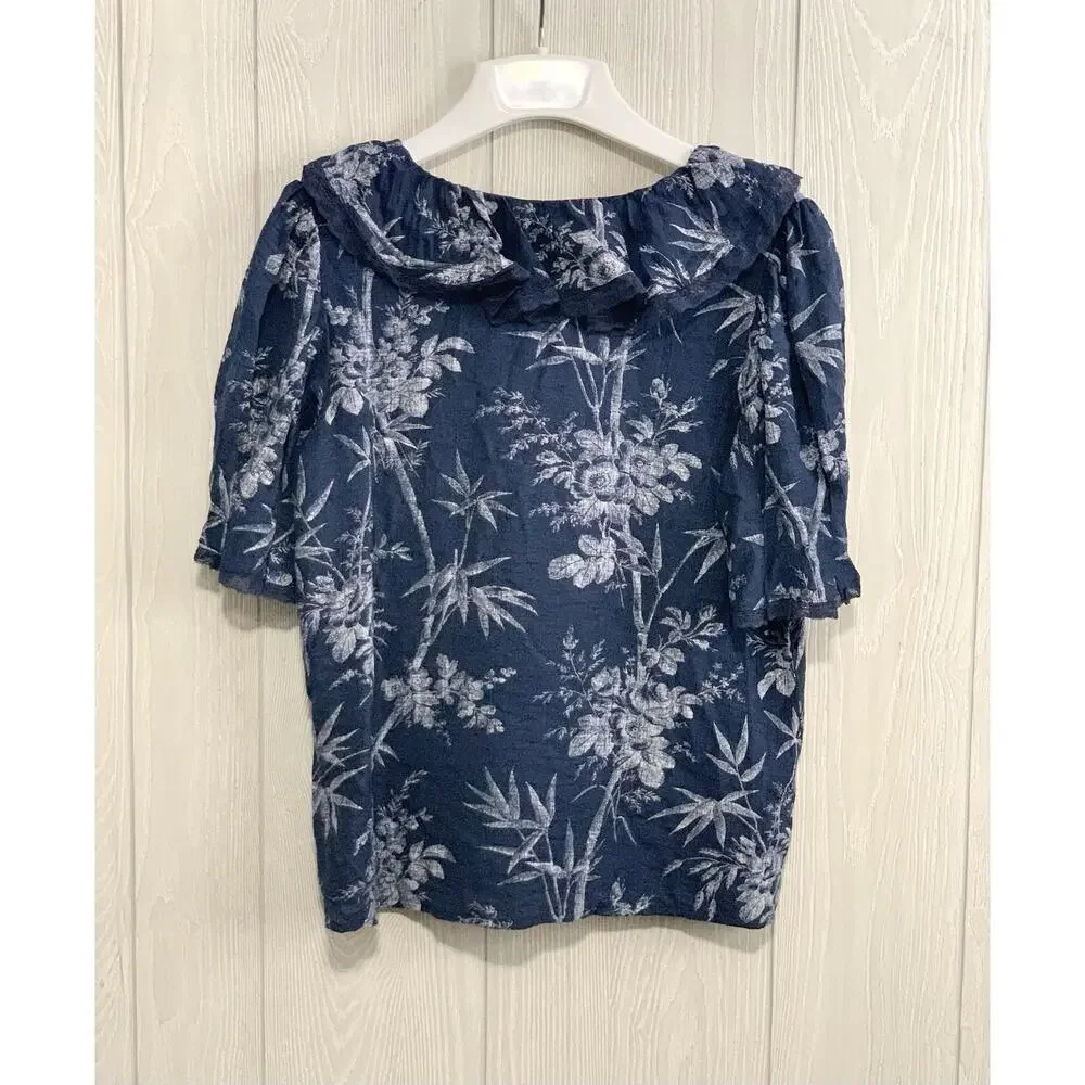 LOFT Blue Floral V-Neck Ruffle Short Sleeve Top Small NWT